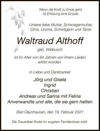 Traueranzeige von Waltraud Althoff von Neue Westfälische