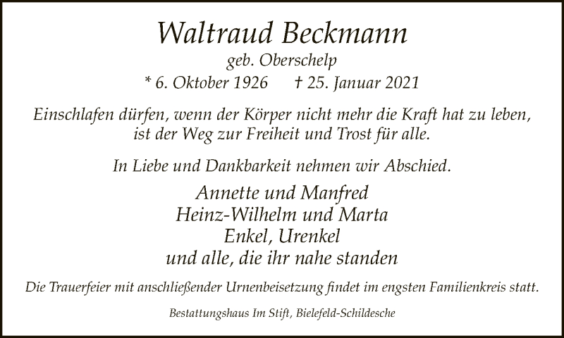  Traueranzeige für Waltraud Beckmann vom 13.02.2021 aus Neue Westfälische