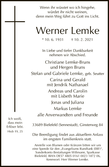 Traueranzeige von Werner Lemke von Neue Westfälische