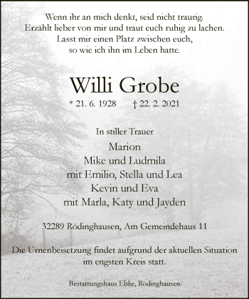 Traueranzeige von Willi Grobe von Neue Westfälische
