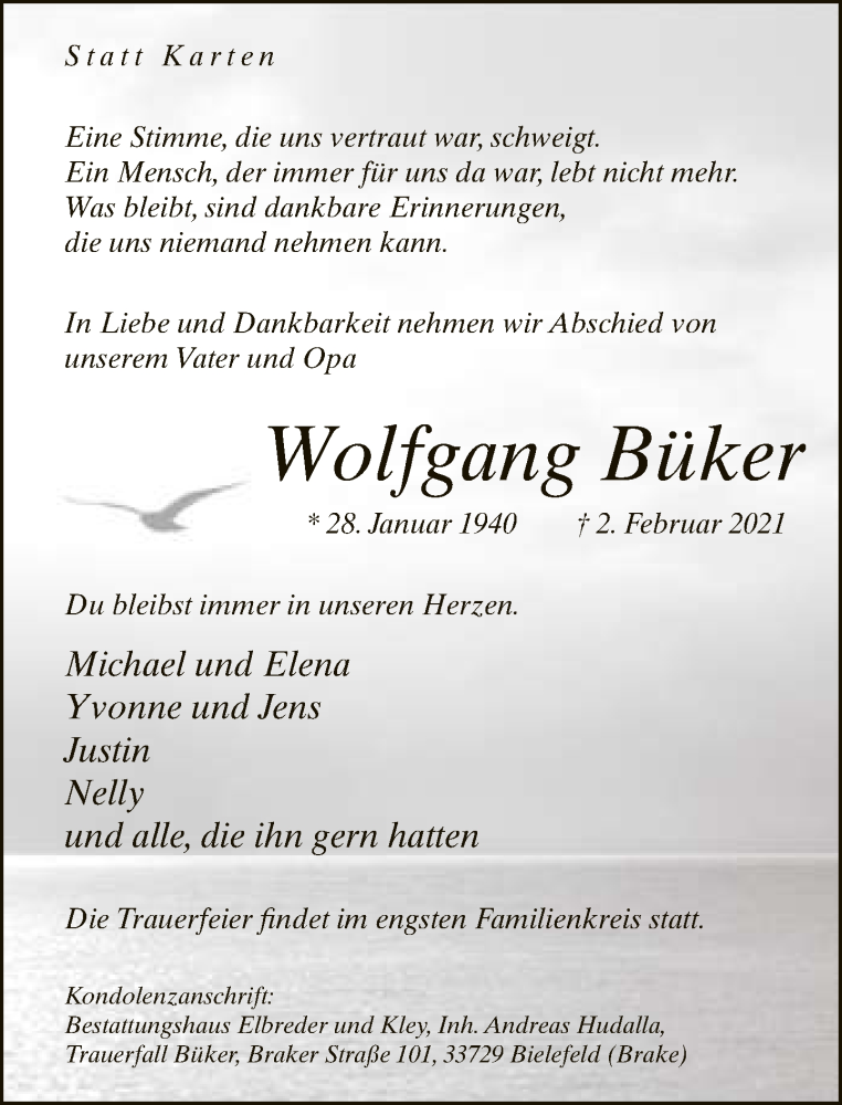  Traueranzeige für Wolfgang Büker vom 06.02.2021 aus Neue Westfälische