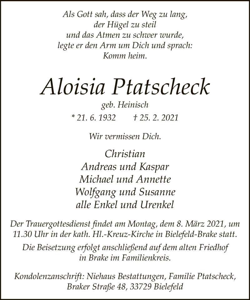  Traueranzeige für Aloisia Ptatscheck vom 06.03.2021 aus Neue Westfälische