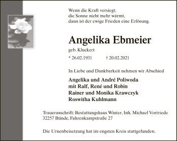 Traueranzeige von Angelika Ebmeier von Neue Westfälische