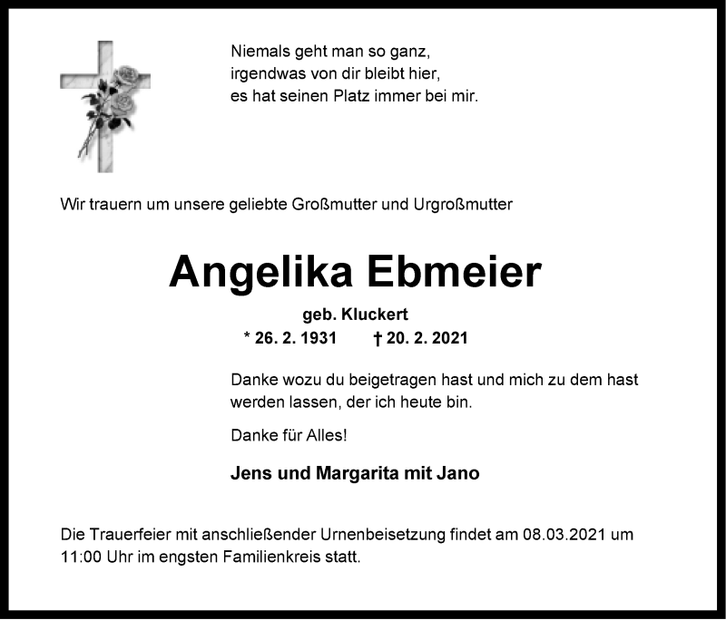 Traueranzeige für Angelika Ebmeier vom 06.03.2021 aus Neue Westfälische