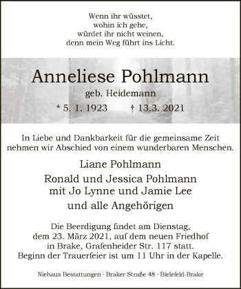 Traueranzeige von Anneliese Pohlmann von Neue Westfälische
