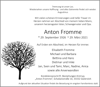 Traueranzeige von Anton Fromme von Neue Westfälische