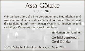 Traueranzeige von Asta Götzke von Neue Westfälische