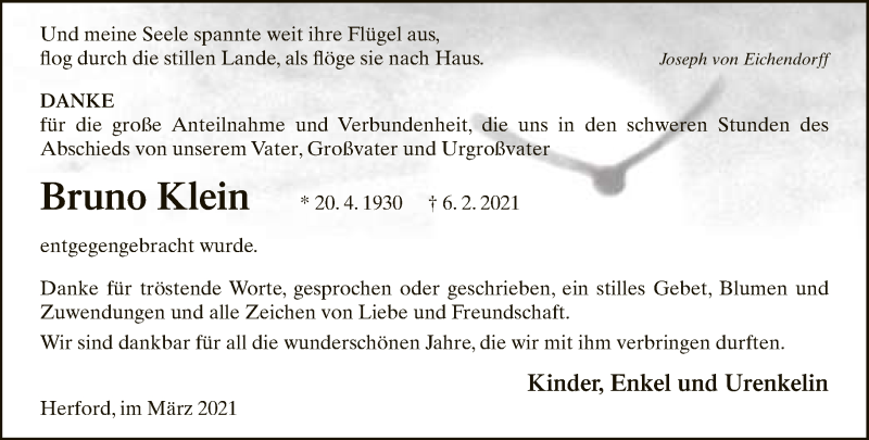  Traueranzeige für Bruno Klein vom 20.03.2021 aus Neue Westfälische