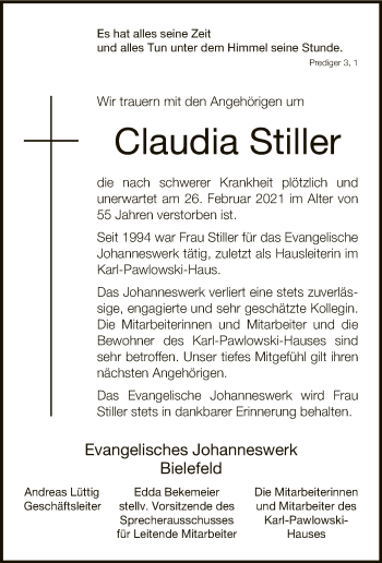 Traueranzeige von Claudia Stiller von Neue Westfälische