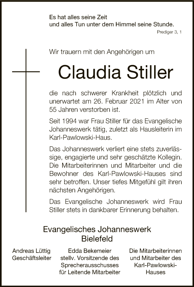  Traueranzeige für Claudia Stiller vom 04.03.2021 aus Neue Westfälische