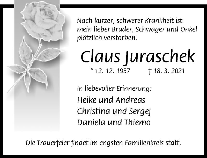  Traueranzeige für Claus Juraschek vom 27.03.2021 aus Neue Westfälische