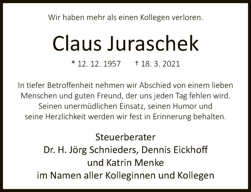  Traueranzeige für Claus Juraschek vom 27.03.2021 aus Neue Westfälische