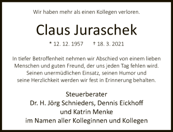 Traueranzeige von Claus Juraschek von Neue Westfälische