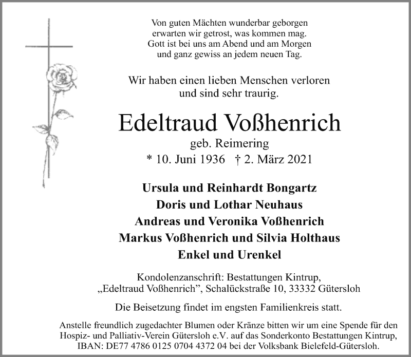  Traueranzeige für Edeltraud Voßhenrich vom 06.03.2021 aus Neue Westfälische