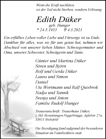 Traueranzeige von Edith Düker von Neue Westfälische