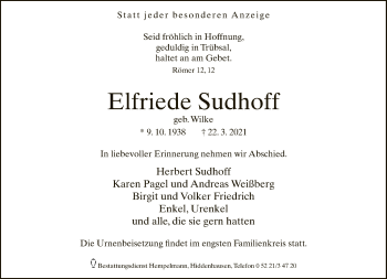 Traueranzeige von Elfriede Sudhoff von Neue Westfälische