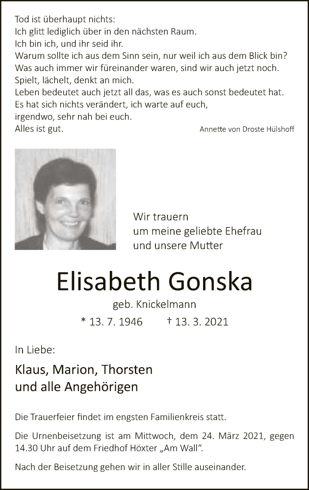  Traueranzeige für Elisabeth Gonska vom 20.03.2021 aus Neue Westfälische