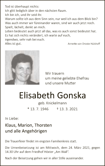 Traueranzeige von Elisabeth Gonska von Neue Westfälische