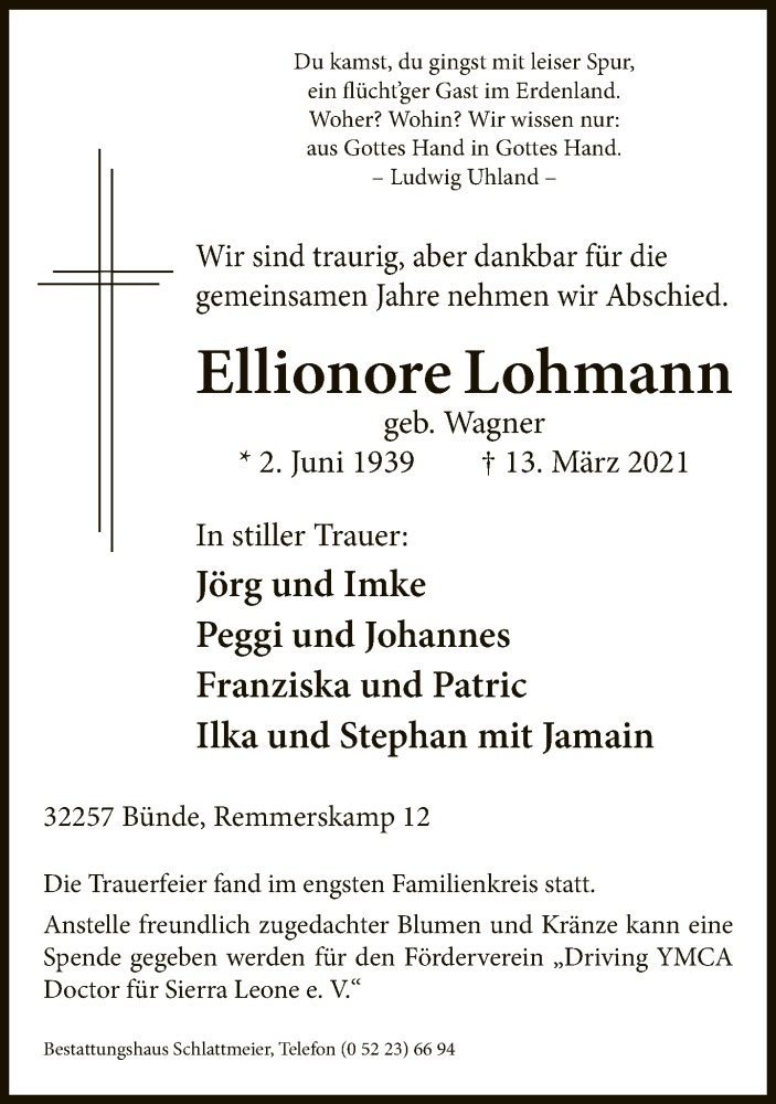  Traueranzeige für Ellionore Lohmann vom 20.03.2021 aus Neue Westfälische