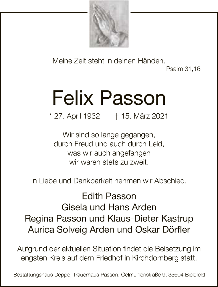  Traueranzeige für Felix Passon vom 20.03.2021 aus Neue Westfälische