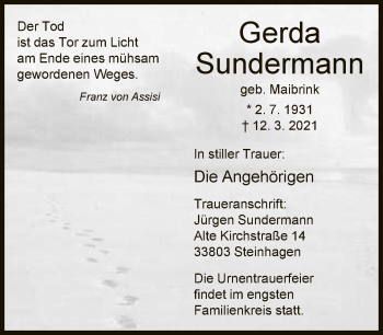 Traueranzeige von Gerda Sundermann von Neue Westfälische