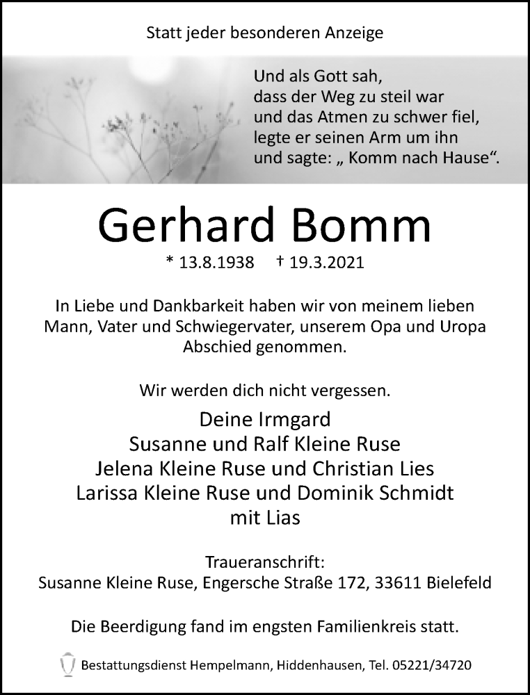  Traueranzeige für Gerhard Bomm vom 27.03.2021 aus Neue Westfälische