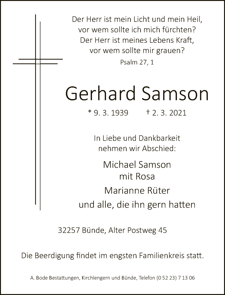  Traueranzeige für Gerhard Samson vom 06.03.2021 aus Neue Westfälische