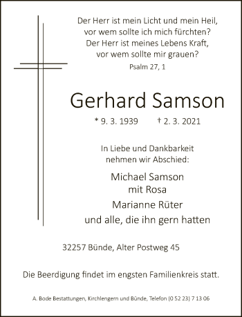 Traueranzeige von Gerhard Samson von Neue Westfälische
