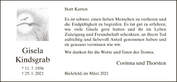 Traueranzeige von Gisela Kindsgrab von Neue Westfälische