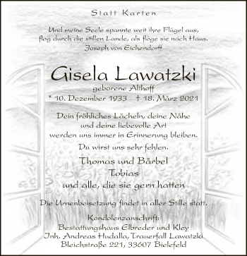 Traueranzeige von Gisela Lawatzki von Neue Westfälische
