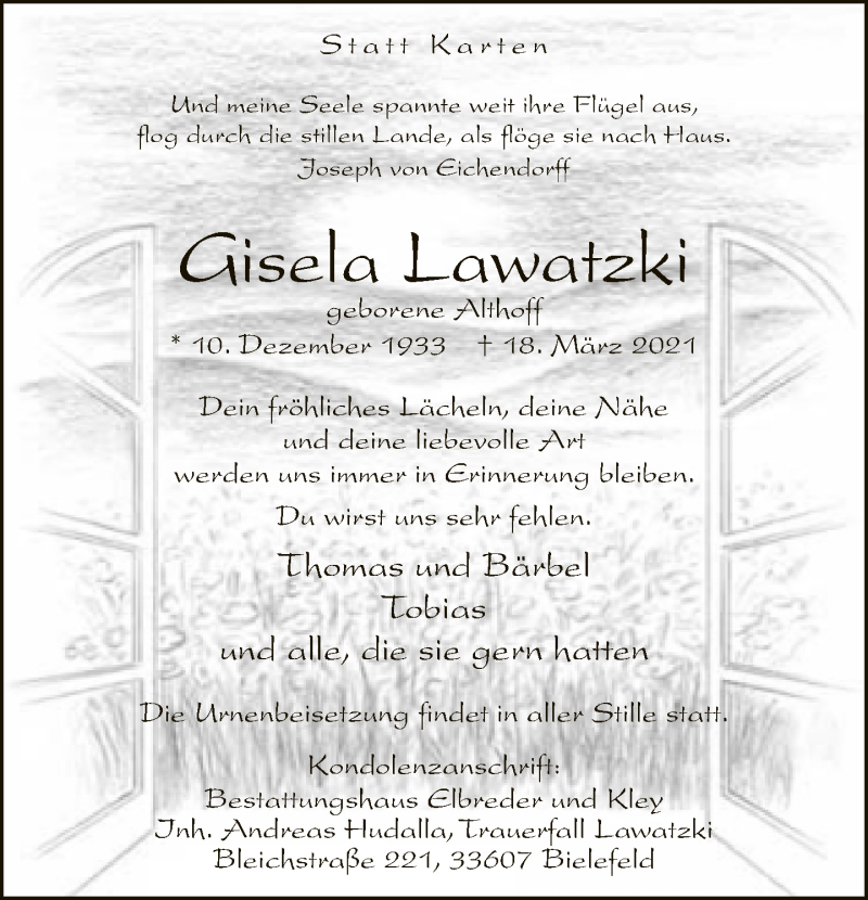  Traueranzeige für Gisela Lawatzki vom 27.03.2021 aus Neue Westfälische