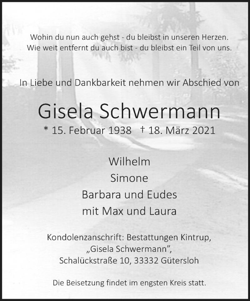  Traueranzeige für Gisela Schwermann vom 22.03.2021 aus Neue Westfälische