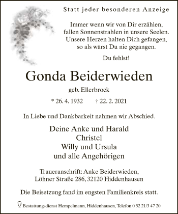 Traueranzeige von Gonda Beiderwieden von Neue Westfälische