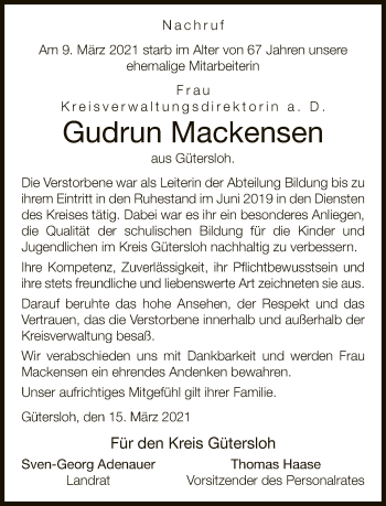 Traueranzeige von Gudrun Mackensen von Neue Westfälische