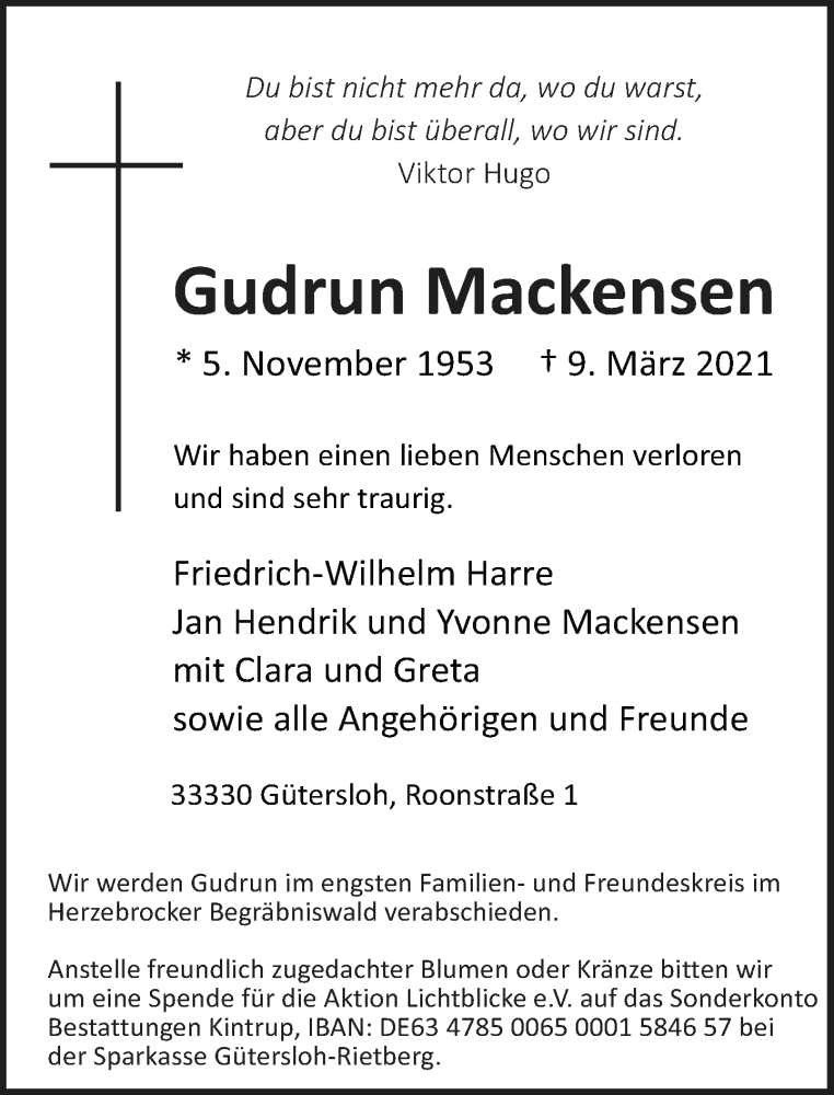  Traueranzeige für Gudrun Mackensen vom 13.03.2021 aus Neue Westfälische