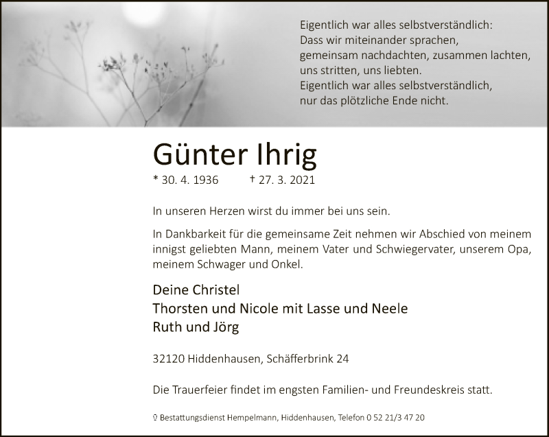  Traueranzeige für Günter Ihrig vom 31.03.2021 aus Neue Westfälische