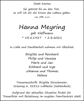 Traueranzeige von Hanna Meyring von Neue Westfälische
