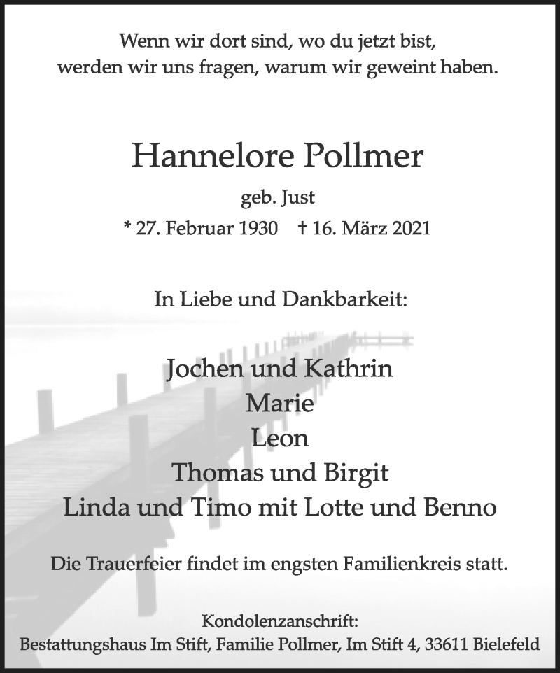  Traueranzeige für Hannelore Pollmer vom 20.03.2021 aus Neue Westfälische