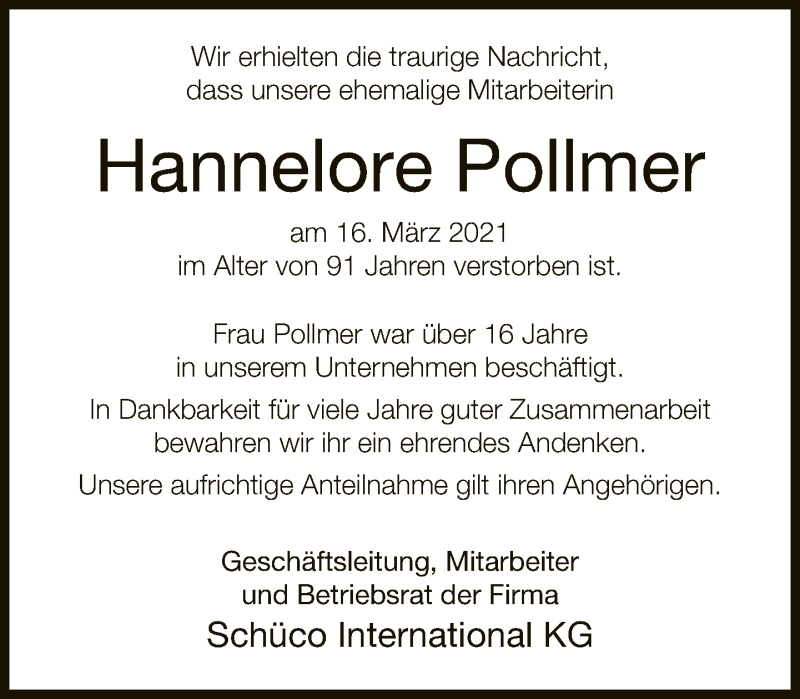  Traueranzeige für Hannelore Pollmer vom 27.03.2021 aus Neue Westfälische