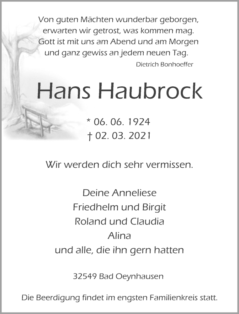 Traueranzeige für Hans Haubrock vom 05.03.2021 aus Neue Westfälische