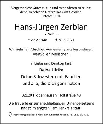 Traueranzeige von Hans-Jürgen Zerbian von Neue Westfälische