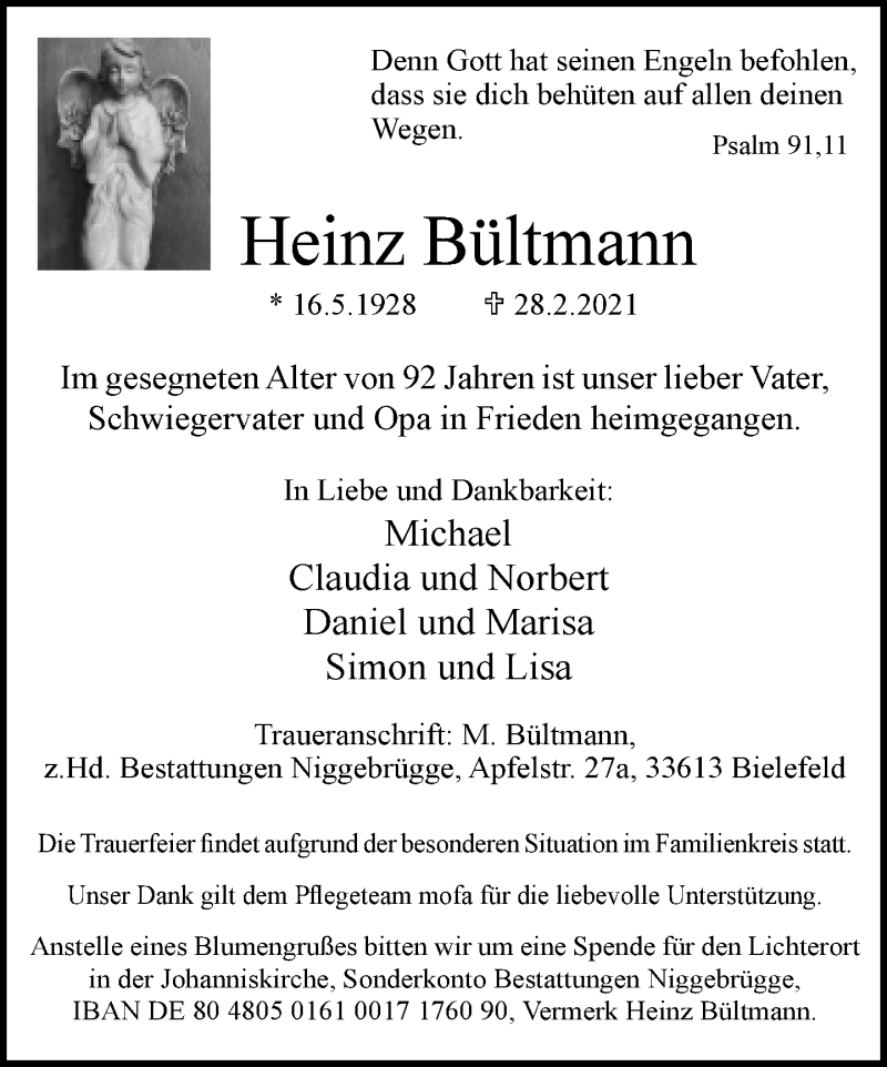  Traueranzeige für Heinz Bültmann vom 05.03.2021 aus Neue Westfälische