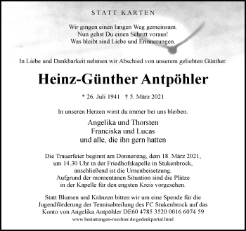 Traueranzeige von Heinz-Günther Antpöhler von Neue Westfälische