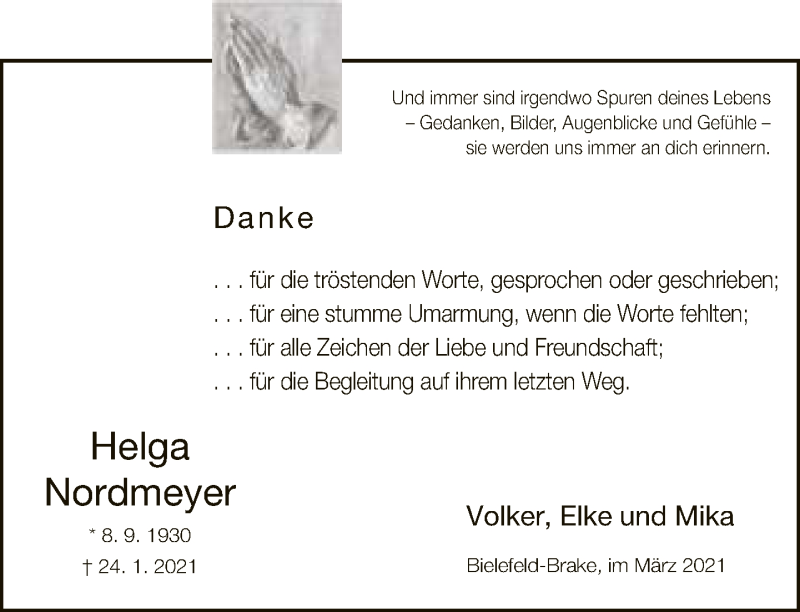  Traueranzeige für Helga Nordmeyer vom 06.03.2021 aus Neue Westfälische