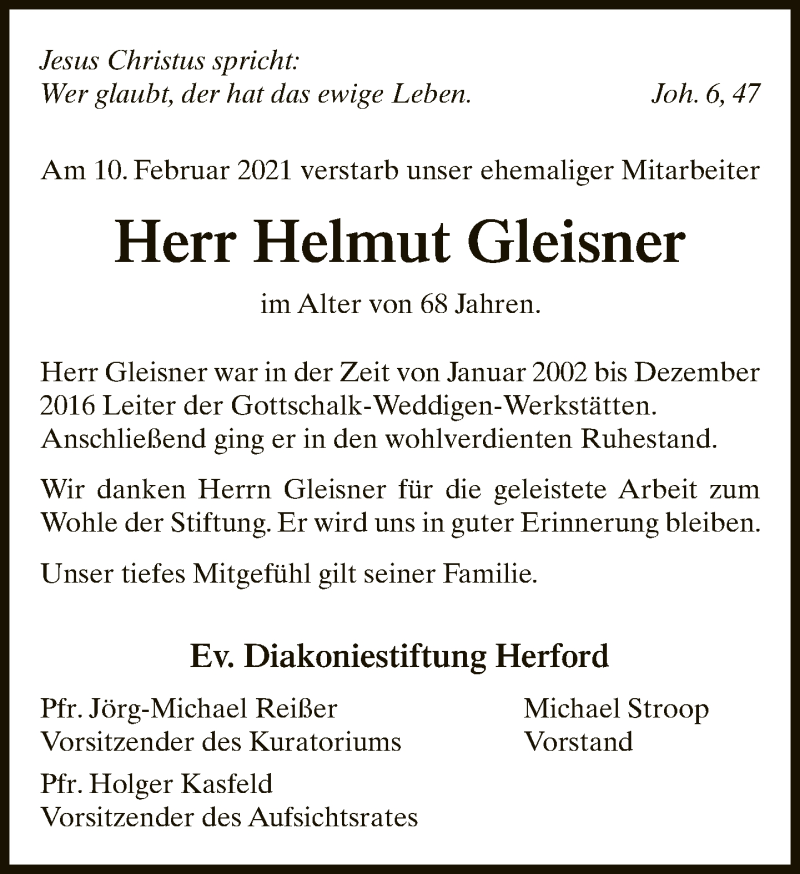 Traueranzeige für Helmut Gleisner vom 20.03.2021 aus Neue Westfälische