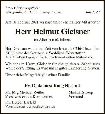 Traueranzeige von Helmut Gleisner von Neue Westfälische