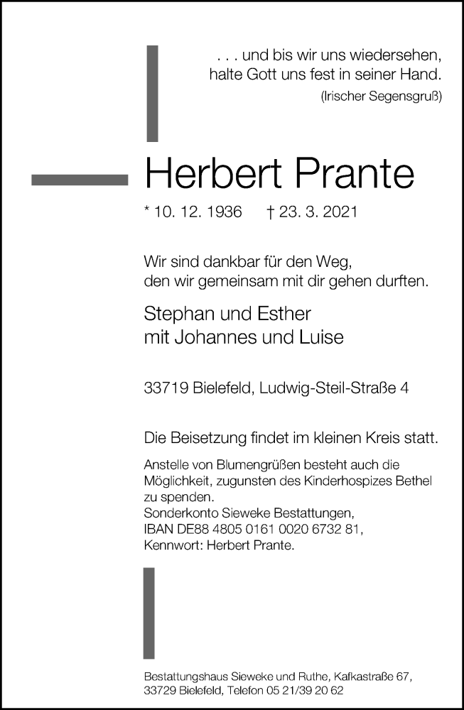  Traueranzeige für Herbert Prante vom 27.03.2021 aus Neue Westfälische