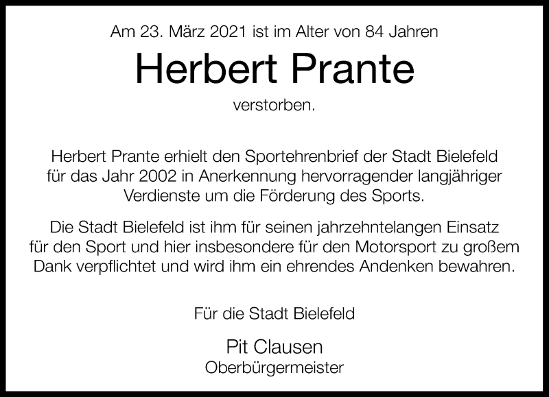  Traueranzeige für Herbert Prante vom 27.03.2021 aus Neue Westfälische