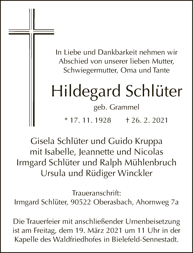  Traueranzeige für Hildegard Schlüter vom 06.03.2021 aus Neue Westfälische