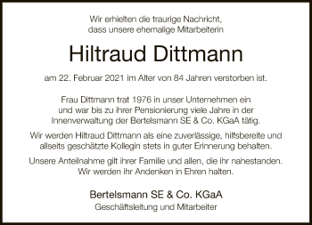Traueranzeige von Hiltraud Dittmann von Neue Westfälische